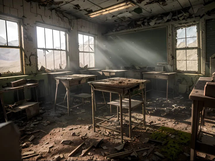 3d render of classroom, abandoned, dramatic color grade, moss, abandoned, broken, old, accurate color grading, rvb, Sony A7 III, Sigma Art 85 mm f/1,4 DG HSM, perfect, subsurface scattering, unreal engine, dusty sun light, dystopian world