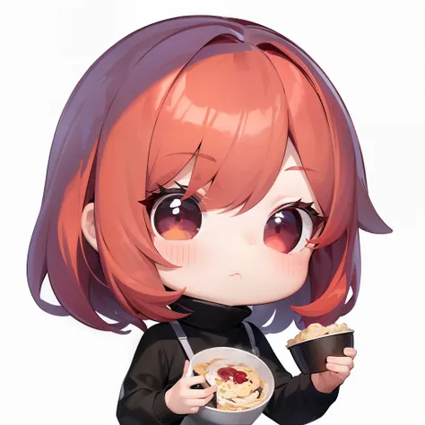 best quality, masterpiece, kyrielight mash, solo, 1girl, black eyes, white turtleneck shirt, (chibi: 0.6), light red hair, stick...