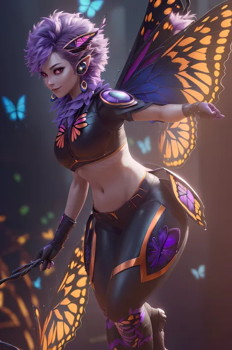 (highly detailed CG unity 8K wallpaper, masterpiece, best quality), (best lighting, best shadow, exquisite and beautiful), floating, (dynamic angle, one young girl, short purple hair, legs spread, fine skin, mischievous face, bright red eyes, beautiful earrings, looking at the viewer, dynamic posture, butterfly wings on the back, erotic clothes), (wide angle)