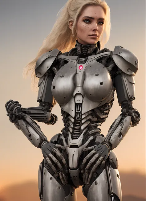 realistic photo of ((woman in huge biomechanical hydraulic exoskeleton armored robot)), (detailed face), sunset, sweaty, dirt, p...