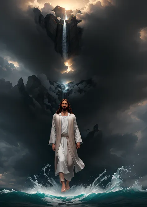 jesus walking on water in a storm, masterpiece, best quality, high quality, extremely detailed cg unit 8k wallpaper, award winni...