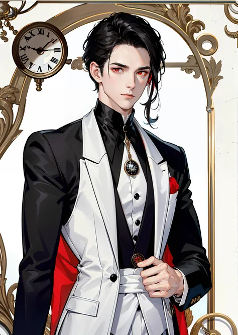 1 male, Tall, lean, with jet-black hair that never seems to be out of place, ((bright red eyes)) and pale porcelain skin, dressed impeccably in a black and white tuxedo with a silver pocket watch.A perfectly tailored black and white tuxedo paired with a si...