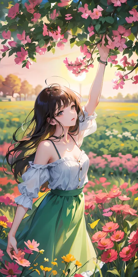 Highly detailed, ultra detailed, ultra high resolution girl enjoying her time in an open field, surrounded by the beauty of nature, with the warm sun shining on her and wild flowers swaying gently in the breeze. Butterflies and birds flutter around her, ad...