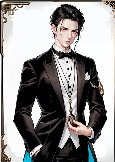 1 male, Tall, lean, with jet-black hair that never seems to be out of place, ((red crimson eyes)) and pale porcelain skin, ((dressed impeccably in a black and white tuxedo with a silver pocket watch)) .A perfectly tailored black and white tuxedo paired wit...