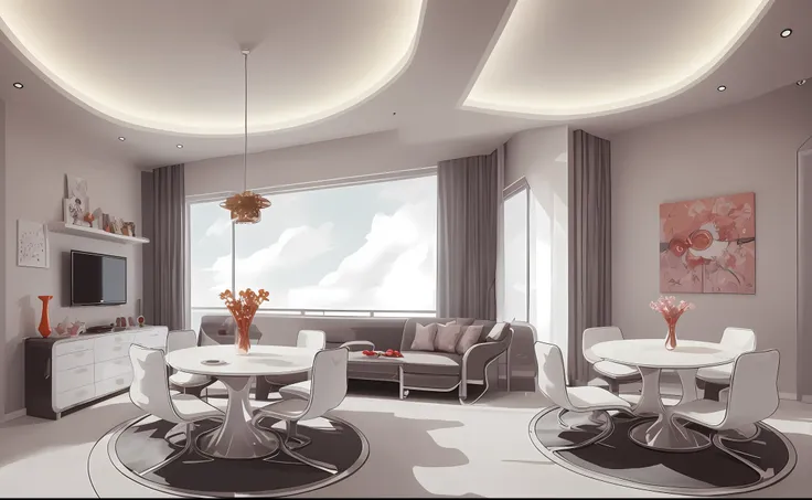 cute cartoon style home, living room, dining table, futuristic style