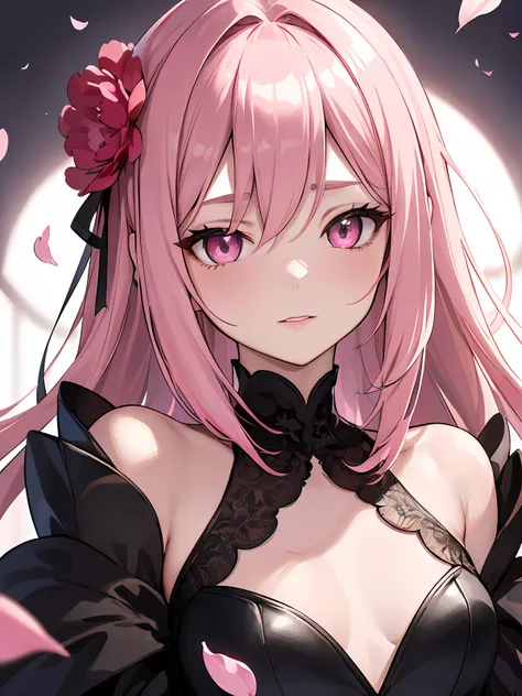 (masterpiece, sidelighting, finely detailed beautiful eyes: 1.2), portrait, lustrous skin, pink hair, pink eyes, black dresses, flower petal in ear, small breast, flat chest