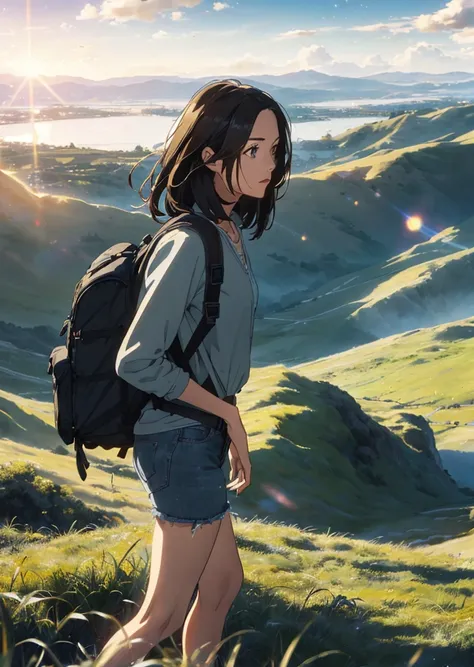 (beautiful and magnificent skyline, majestic sky), (extremely tense and dramatic pictures, moving visual effects), (high hanging Polaris, colorful natural light), (1girl), (long-sleeved top, denim shorts, carrying a backpack), (dynamic pose:1.3, black eyes...