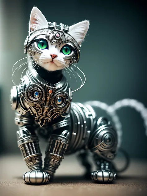a cute kitten made out of metal, (cyborg:1.1), ([tail | detailed wire]:1.3), (intricate details), hdr, (intricate details, hyperdetailed:1.2), cinematic shot, vignette, centered