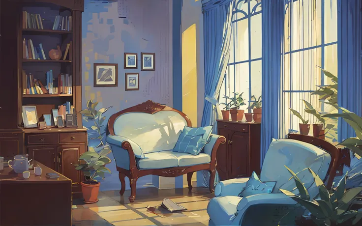 living room, sofa, window, curtains, dappled sunlight, potted plant, table, cabinet, bookshelf, paper, lamp, typewriter, garden