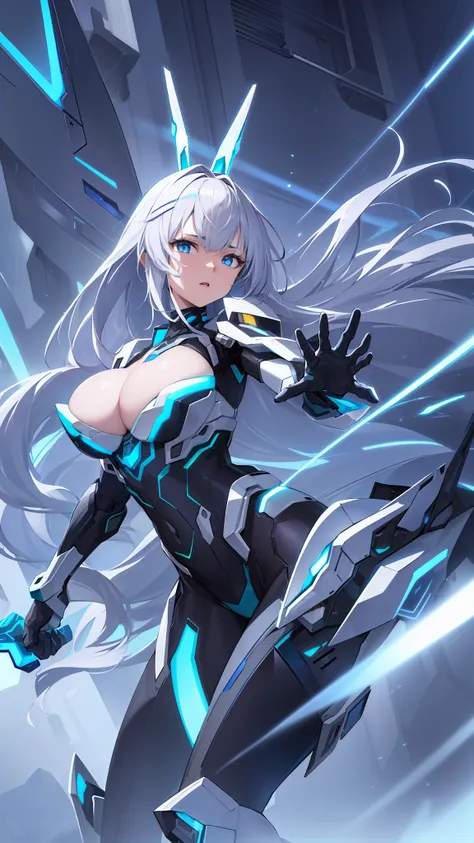 Masterpiece, highest quality, ray tracing, perfect lighting, an 18 year old woman with a samurai knife, beautiful and detailed eyes, mechanical prostheses, cold expressions, glowing eyes, smooth skin, mechanical structure, tights, long hair, transition fro...