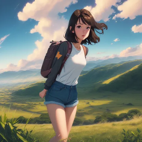 (beautiful and magnificent skyline, majestic sky), (extremely tense and dramatic pictures, moving visual effects), (high hanging Polaris, colorful natural light), (1girl), (long-sleeved top, denim shorts, carrying a backpack), (dynamic pose:1.3, black eyes, black hime-cut hair, sparkling girl)[:0.8], (large grassland), (oncoming breeze), (brown hair and background Coordination effect: 1.2), (close shot, long shot mix and match)[::0.9]