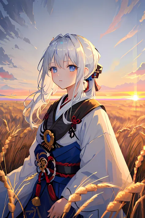 masterpiece, best quality, 1girl, portrait, white hair, ponytail, blue eyes, samurai, wheat landscape, sun, clouds, (neutral col...