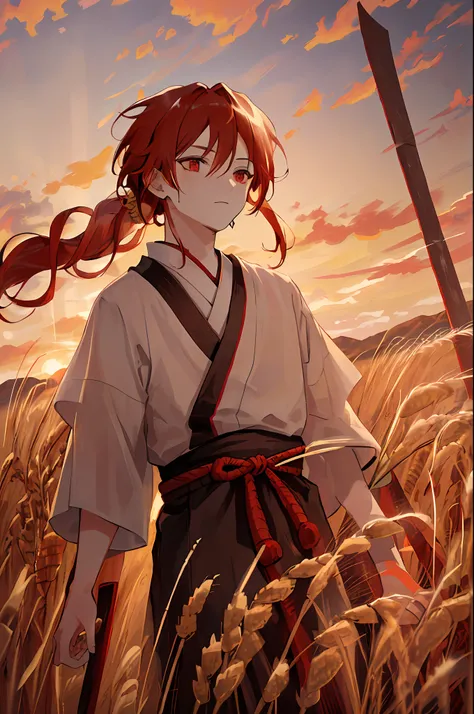 masterpiece, best quality, 1boy, portrait, white hair, short tail, two-tone hair, red hair strand, red eyes, samurai, wheat landscape, sun, clouds, (neutral colors), (hdr:1.4)