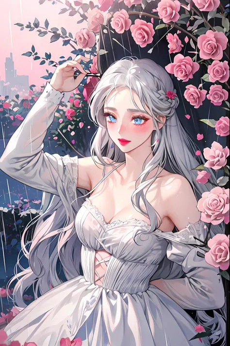 silver-haired girl holding a rose and an umbrella in the rain, blue eyes, shy look, red lips, blushing, pink flower garden in the background,