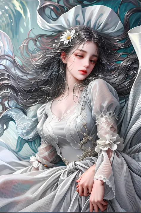 (absurd, high resolution, ultra detailed), 1 girl, alone, mature, (long wavy dark gray hair), white dress, elegant, holy, colorful, more detailed, portrait, close-up, underwater, floating hair, flower, sad, with tears.