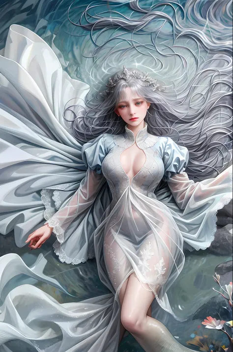 (absurd, high resolution, ultra detailed), 1 girl, alone, mature, (long dark gray hair), white dress, long sleeves, elegant, holy, colorful, more detailed, portrait, close-up, underwater, floating hair, sad flo, with tears, mermaid with human legs