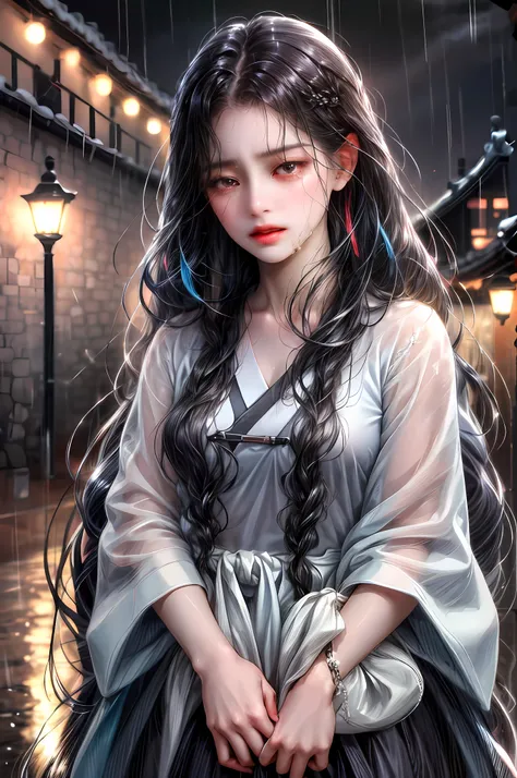 (absurd, highres, ultra detailed), 1girl, solo, mature, (very long hair, black hair, bangs: 1.4), long dress, long sleeves, colorful, highest detail, upper body, 21st century, girl of today, scenery city of korea, at night, night scenery, with many buildin...
