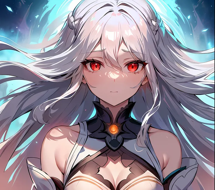 Draw inspiration from Artgerms captivating style to portray a girl with long white hair, enchanting light red eyes, and flawless fair skin. Set her amidst a fantastical and otherworldly scenery, where vibrant colors and surreal elements converge. Experimen...