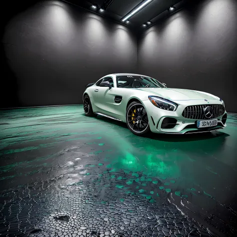 mercedes amg gt with water green paint with marble effect and details in black piano, 5-point black wheels and 22-inch rim, park...