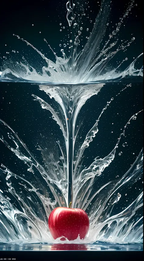 explosion, splash, apple is falling into the water, close up, water is splashing radially, centered, perfect composition, vogue ...