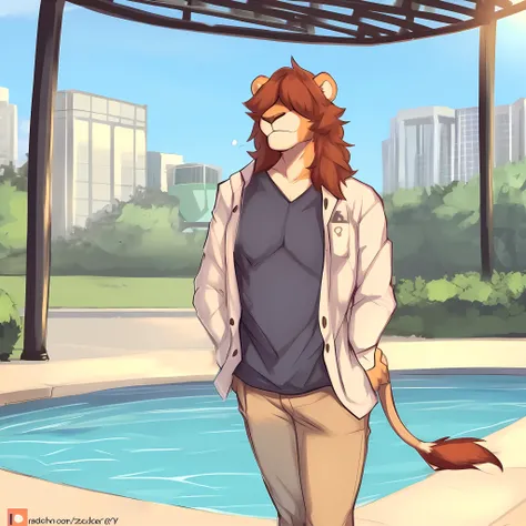 thin male solo cartoon lion by zackary911 hair over eyes wearing clothes in public park water feature sunlit people in background overshirt casual