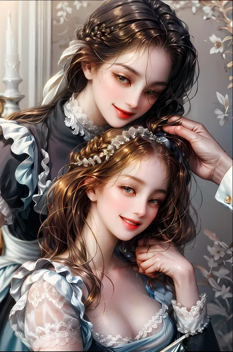 Two girls a maid and a lady the maid helps her comb her hair the noble lady smiled happily while the maid the cousin the maid does everything with love and dedication