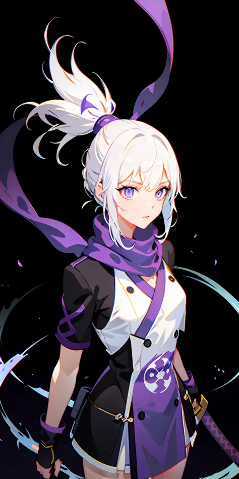 Upper body, 1girl, white hair, ponytail, purple pupils, (ninja), short sword, middle chest, scarf, wallpaper, magic circle background, light particles, blue fire