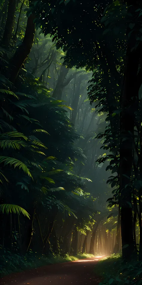 Jungle, sunset, vines everywhere, huge and damp trees, masterpiece, best quality, high quality, very detailed CG uniform 8k wallpaper, oil painting, award winning photography, bokeh, depth of field, HDR, bloom, chromatic aberration, realism, very detailed,...