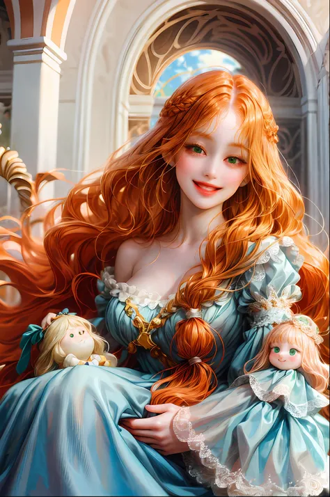(absurd, highres, ultra detailed), 1girl, solo, mature, (very long hair, orange hair, bangs: 1.4), baroque, long dress, long sleeves, elegant, colorful, highest detail, upper body, a chubby green-eyed doll and long fringed hair being held by her and a chub...
