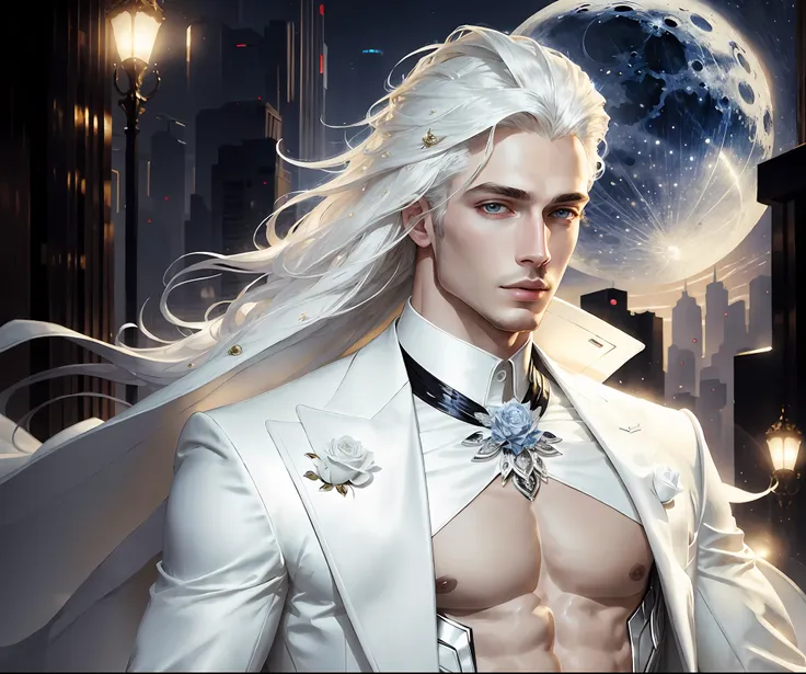 masterpiece, highest quality, (solo focus), (perfect face:1.1), (high detail:1.1),dramatic, 1guy, (pale skin), long white hair, ...