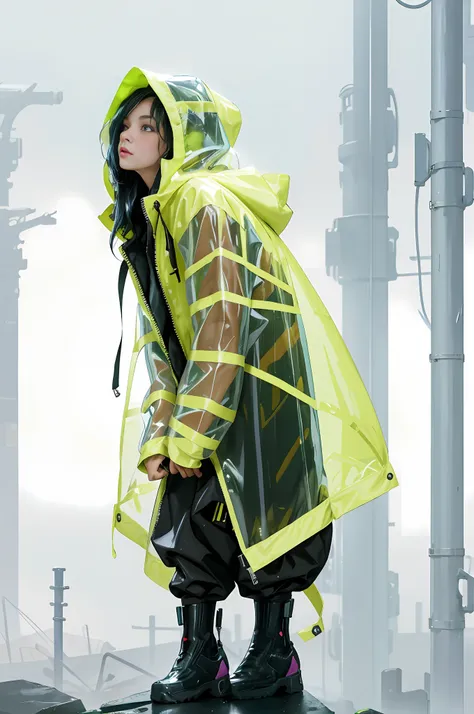 1 beautiful girl, wearing cyberpunk raincoat and hood, full of fashion, heavy rain: 5, rain fidelity: 3, presenting cinematic li...