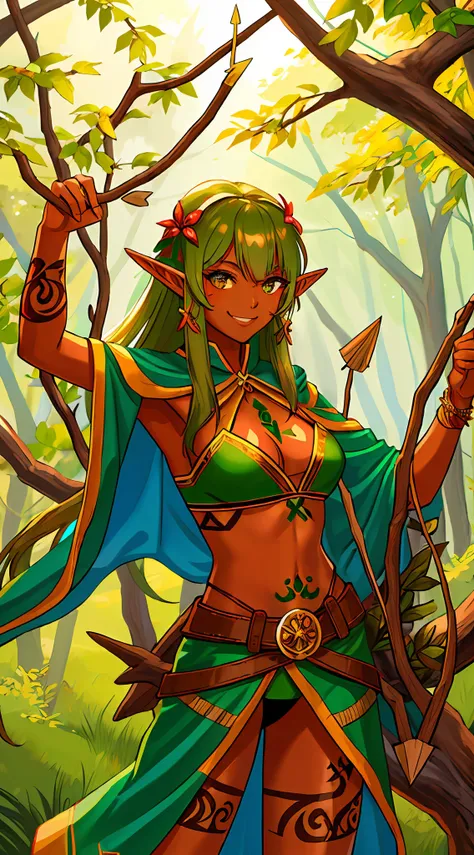 (masterpiece:1.5), (best quality:1.5), (ultra-detailed:1.5), (deep depth of field:1.5), wood elf, brown skin, use of bow and arrow, smile, wild tattoo, hot clothing, elf style
