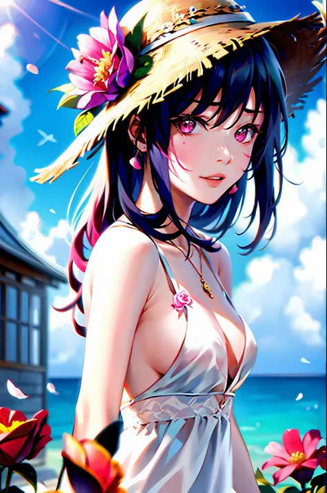 （（杰作，质量最好））、1girl、flower、solo、dress、Holding、sky、cloud、Hat、outdoors、bairs、bauket、rose、blood、pink hair、flower、whitezive、blood、pink hair、flower、whitezive、blood、pink eyes、whitezive、blood、pink eyes、whitezive