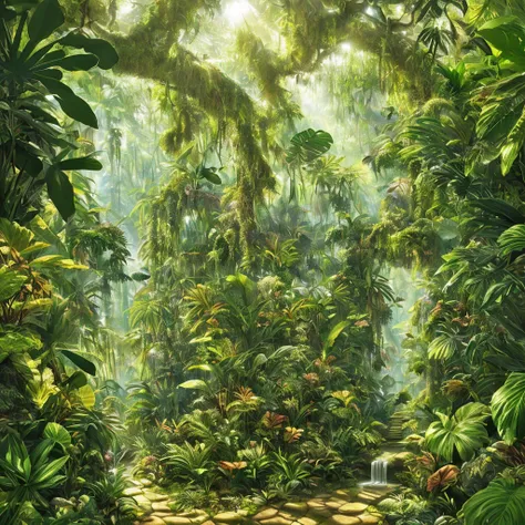 1 girl standing in the middle of the picture, detailed and intricate digital illustration of dense jungle full of exotic plants and animals, sunlight filtering through the canopy to create a mottled effect. Style, masterpieces, proportions, details, art st...