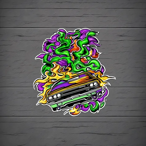 De Lorean surrounded by colored lightning bolts sticker design