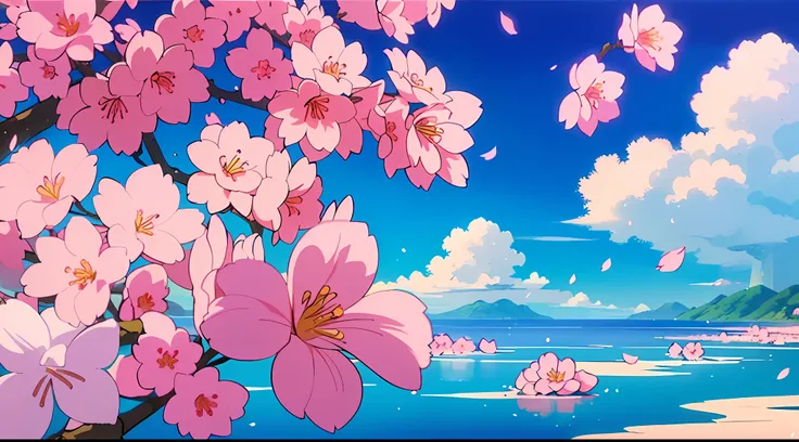 Masterpiece, best quality, (very detailed 8k wallpaper) (best quality), (best illustration), (best shadows) Nature', blue sea,delicate leaves petals of various colors falling in the air light Tracking, super detailed --v6, pink sakura blossoms, white wa...