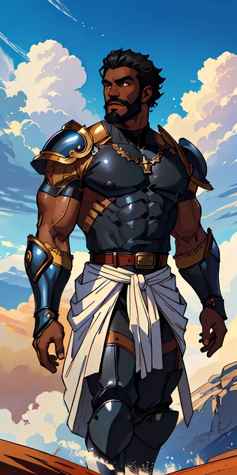 (((black skinned warrior man))), short hair shaved on the side, stylish beard, super strong, muscular, dynamic pose, wearing Victorian era armor, ((background: a sky full of clouds))