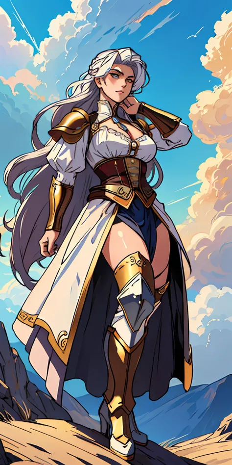 female warrior, long white hair, golden eyes, dynamic pose, wearing Victorian-era armor, ((background: a sky full of clouds))