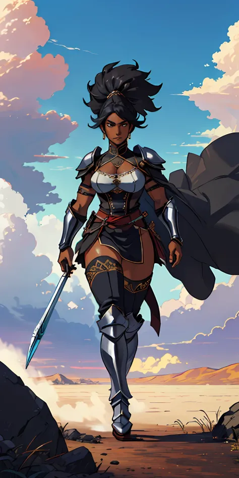 (((black skinned female warrior))), dynamic pose, wearing Victorian era armor, ((background: a sky full of clouds))