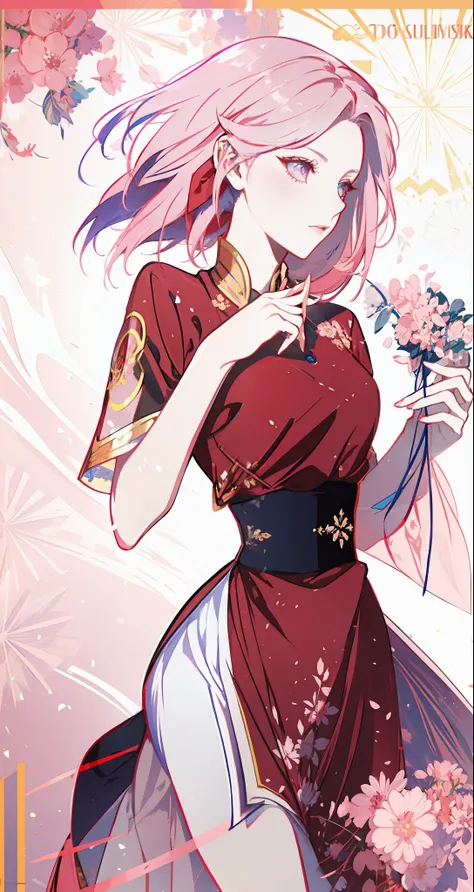 beautiful woman, seductive, ((forehead to show)), standing on a street, beautiful face, attractive, magnificent, sensual eyes, red dress, forehead to show, queen, pink hair, delicate, young, short hair, full body, from League of Legends, trend at Artstatio...