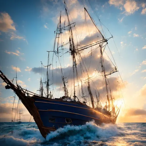 (((8k, RAW photo, Best Quality, Masterpiece: 1.4))), Ultra High Resolution, Ultra Detailed, Illustration, Close Up, Environment Only, (derelict wooden sailing ship), dawn sky behind it, glistening with dew, waves crash, birds soar above, habitat for sea li...