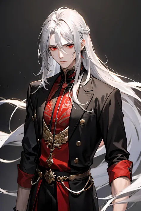 1 man, adult, ((male)), long hair, tall, male, silver hair, red eyes, mature, philosopher, serious, messy hairstyle, sophisticat...