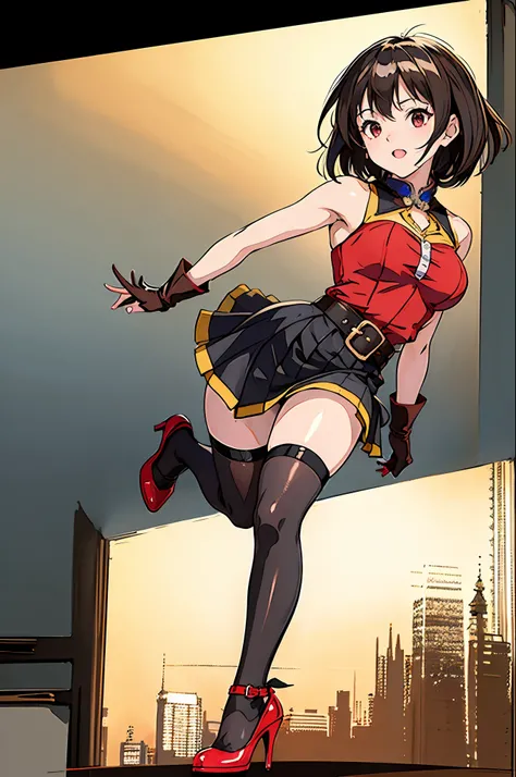 ((masterpiece,best quality,ultra-detailed)), 1girl, full body, standing, megumin (konosuba), crimson pupils, high heels, short hair, short skirt, gloves, simple background