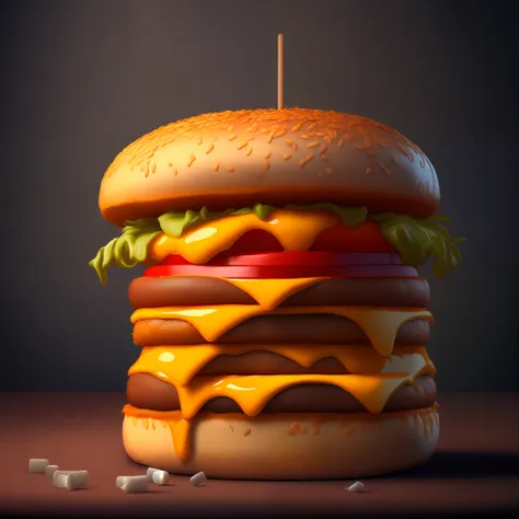 a cheesburger sitting on a table, hyper realistic digital painting, color hyperrealism, amazing food illustration, blender chees...