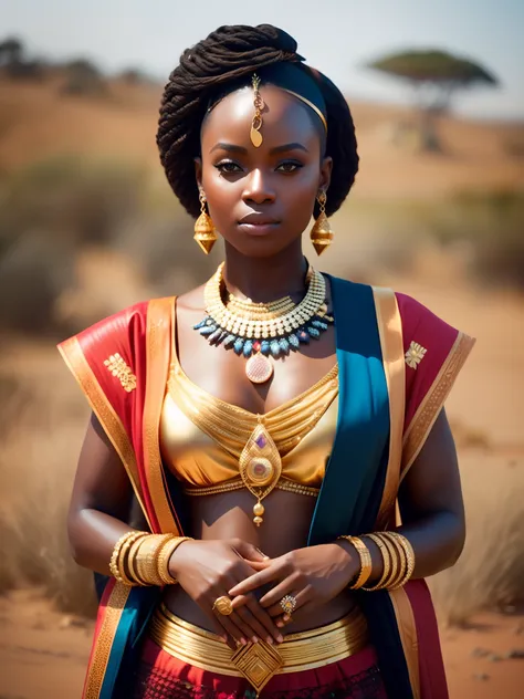 fking_scifi, fking_scifi_v2, portrait of a young very beautiful African woman, in front of a marvelous savanna, rich colorful clothes and golden african jewelry, close up, regal pose and attitude. fking_cinema_v2. fking_cinema_v2