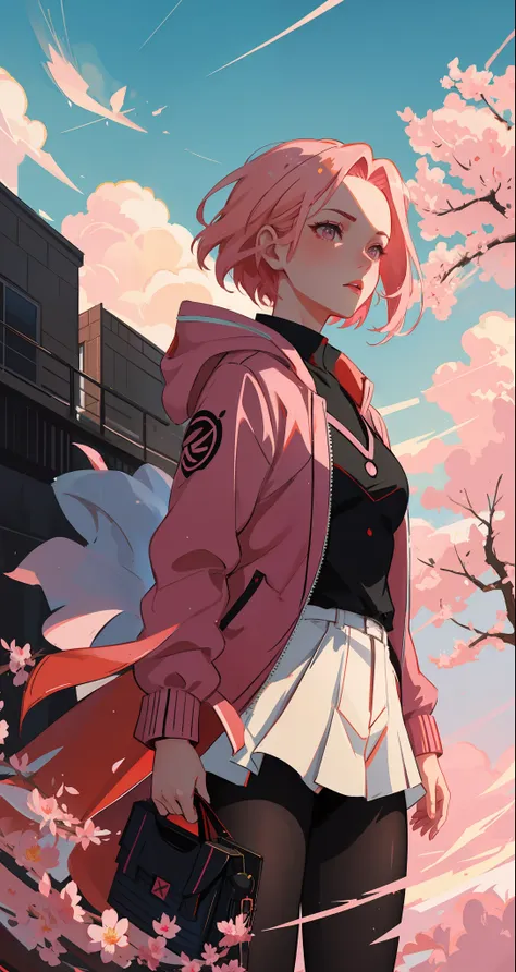 sakura haruno, seductive, ((forehead the show)), attractive, sexy eyes, red coat with akatsuki clouds, pink hair, delicate, youn...