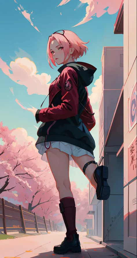 Sakura haruno, seductive, ((forehead the show)), attractive, sexy eyes, red coat with akatsuki clouds, pink hair, delicate, young, short hair, detailed face, high definition, full body, from League of Legends, trend in artstation, by rhads, andreas rocha, ...