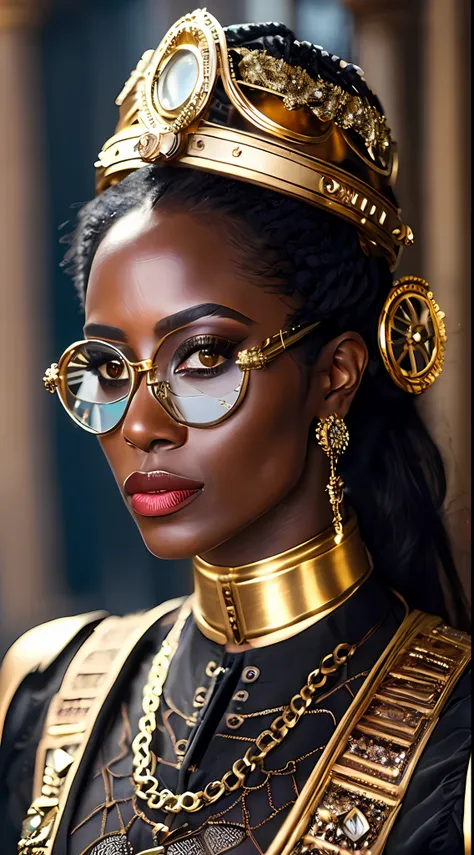 still from the movie [steampunk:clockpunk:16], focus on the eyes, best quality, (victorian-era kenyan woman with dark skin), per...