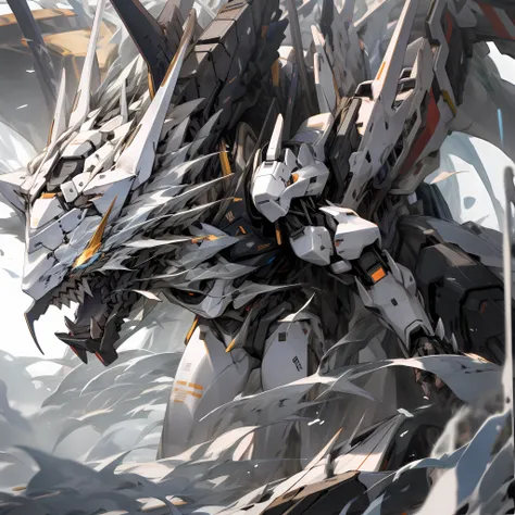 white and black mecha, dragon helmet, claw weapons