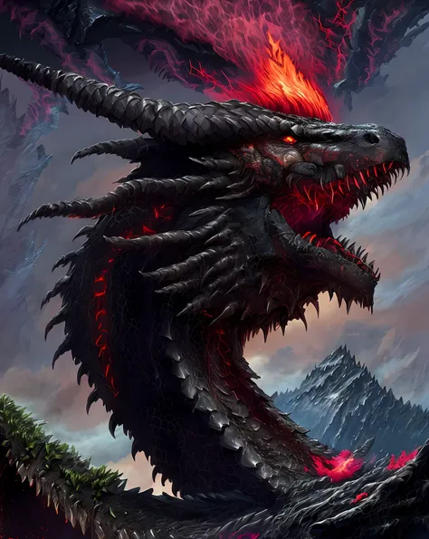 apocalyptic portrait of an evil black dragon with glowing red eyes, detailed scales, twisted horns and a volcano erupting in the...